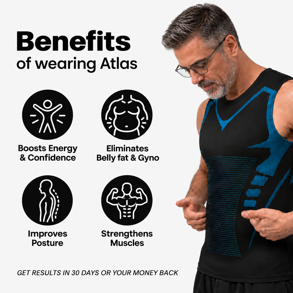 Benefits of wearing Atlas: boosts energy and confidence, eliminates belly fat and gyno, improves posture, strengthens muscles
